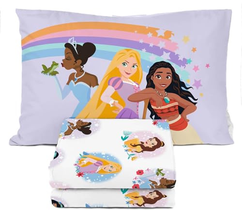 Sunny Side Up Disney Princess Twin Sheet Set - 3 Piece Kids Bedding Set Includes Pillow Cover – Super Soft Rainbow Microfiber Sheets Features Moana, Belle & Rapunzel