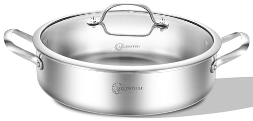 LOLYKITCH Schmorpfanne 28 cm Hoher Rand, Servierpfanne mit Deckel, Edelstahl Unbeschichtet Sautepfanne & Schmortopf