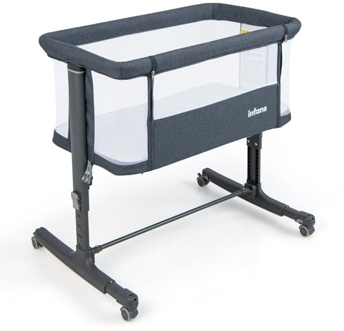 LIFEZEAL 3 in 1 Beistellbett, 5-stufig höhenverstellbares Babybett, Babywiege Stubenwagen mit Matratze, Mobiler Reisebett auf Rollen mit Tragetasch, Kinderbett für Baby ab Geburt bis 9 kg (Dunkelgrau)