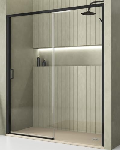 Mampara de Ducha Frontal Corredera 1 Puerta 1 Fijo | Vidrio Templado 5mm Antical Altura 190cm Transparente | Perfil Negro 110cm (Adaptable 108-112cm)