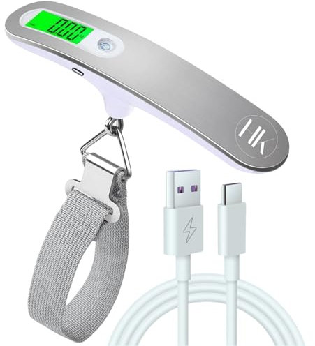 Digitale Gepäckwaage für Gepäck und Koffer bis 50 kg Gewicht, USB Typ C, tragbare Reisewaage mit LCD-Display mit Hintergrundbeleuchtung, Weiß