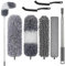 Feather duster 7PCS kit with 17-100 inch telescopic extension pole, detachable bendable and reusable gap hand crevice brush for cleaning dust cobwebs on high ceiling fans lights blinds cars furniture