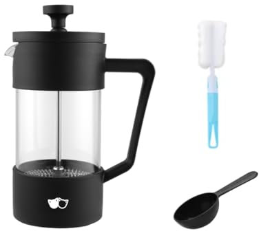 W&M Cafetera - Cafetera Francesa - Prensa Francesa - French Press - Cafetera Manual - Cafetera Acero Inoxidable - Vidrio de Borosilicato - Triple Filtro - Cuchara Medidora + Limpiador - Negro - 350ml