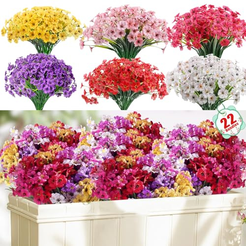 Powbrace 22 Pack Artificial Flowers for Outdoor Indoor Fake Plants, Faux Silk Flowers for Outdoors Outside Front Porch Hanging Planter Window Box Garden Spring Decoration(Multi-Colour)