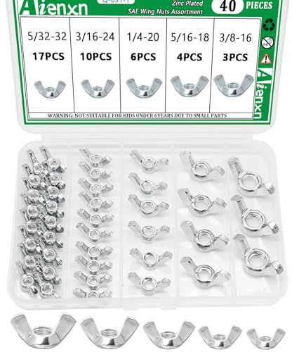 Aienxn 40PCS SAE Wing Nuts Assortment Kit, 5 Sizes- 5/32, 3/16, 1/4, 5/16, 3/8, Zinc Plated Wingnuts Fasteners, Parts Butterfly Wing Nut