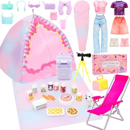 34 Pcs Accessoires de Camping Voyage de Poupée de 11,5 Pouces Y Comprise 1 Tente, 1 Télescope, 2 Vêtements, 1 Sac à Dos,1 Sac de Couchage, d'autre Accessoire de Camping Activité de Poupées(NON Poupée)