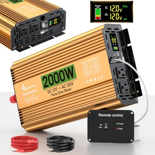2000W Inverter, 12V DC to 110V/120V AC Pure Sine Wave Inverter for Trucks, RV/Home/Solar/Off-Grid, Surge 4000W Pure Sine Power with 2 AC Outlets, 5V