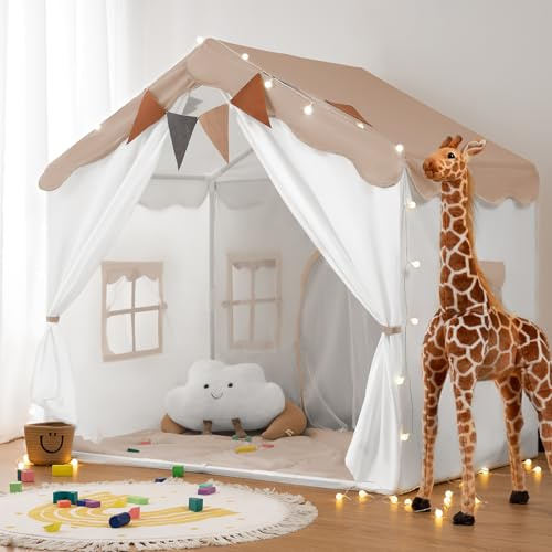 2 in 1 Tenda per Bambini besrey, Tenda Casetta da Gioco con 2 Porte e 4 Finestre, Tenda da Gioco per Bambini Interni ed Esterni con Tappetino Imbottito, Luci Fatate e bandierine (Marrone chiaro)