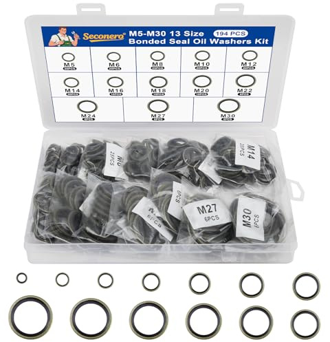 Seconero 194 Pcs Bonded Seal Oil Washers Kit, Metal Rubber Sealing Rings | DraiPlug Gaskets Assortment, Engine Oil Crush Washers For Plumbing Sump Plug M5/6/8/10/12/14/16/18/20/22/24/27/M30