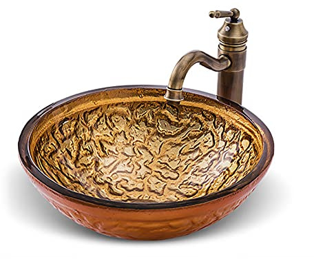Lavandino da appoggio in Vetro temperato, lavabo Artistico per Bagno, lavabo Rotondo con Motivo Dipinto a Mano, Installazione su Piano d'appoggio, con Rubinetto e piletta di Scarico, A (C)
