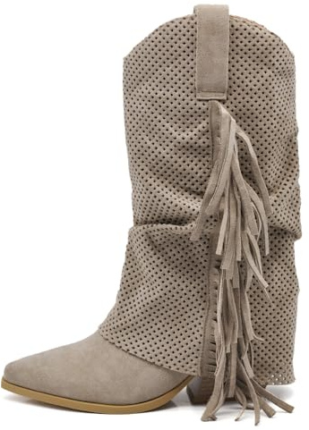IF Stivaletti Texani Donna Arricciati con Effetto di Sovrapposizione, Decorazione Esterna Traforata, Frange e Tacco Medio G713 beige N.37