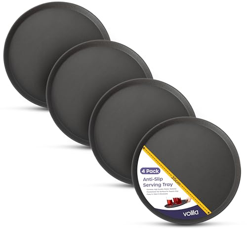 Black Round Tray - 35cm (4 Pack) Rubberized Round Trays for Food Serving and Drinks - Dishwasher Safe Non Slip Tray for Parties, Gatherings, Bars, Restaurants, and Home Use