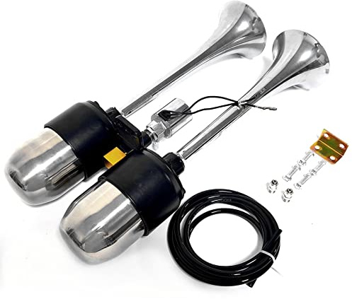 YIYIDA Air Horn Autohupe Schiffshupe Verlängern Sie den Ton Lufthupe Zinkchrom Doppelsilberlautsprecher LKW-Hupe Metall Edelstahl 304 Lufttank Geeignet Car Horn für 24V 12V Boot Yacht RV Train etc