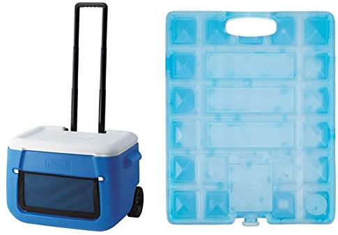 Coleman Passive Kühlbox 50 QT Poly-lite Wheeled Mesh, Thermobox 47 L Fassungsvermögen, Mobile Eisbox mit Rädern & Campingaz Campingküche Freezpack (3 x 20 x 26 cm), Blau