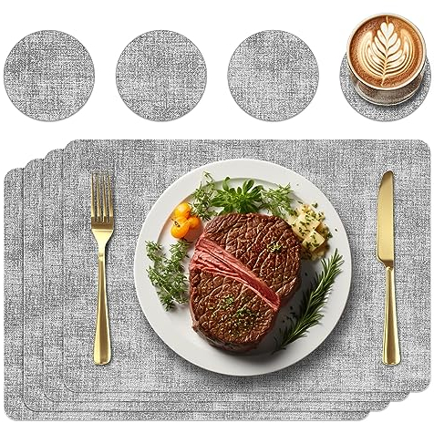 Tischsets und Untersetzer Leder, platzdeckchen abwaschbar,Tischdeko,tischsets tischsets,Platz-Matten für Küche Speisetisch,4er-Set (Rechteck, Weiß grau)