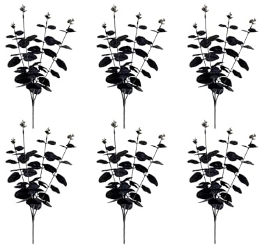 6 Bunches Black Artificial Flowers Eucalyptus Stems 13 Faux Silk Eucalyptuses Leaves Branches Bouquet Plastic Bouquet,for Home Wedding Party Decor Halloween Tables Centerpieces,Black