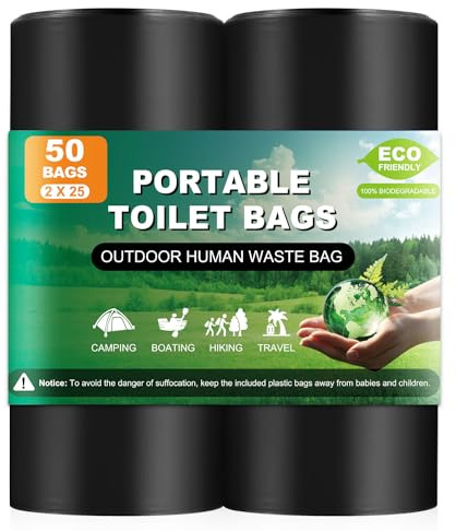 50 Portable Toilet Bags, Thick Biodegradable Camping Toilet Bags for Portable Potty, 8 Gal Compost Toilet Waste Potty Bag for 5 Gallon Bucket Seat Adults Outdoor, 1.1 Mil