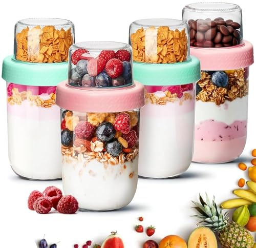 ComSaf Overnight Oats Jar with Lids 480+120mL, 4 Pack Glass Overnight Oats Container, Dual-Layer Yoghurt Pots for Dry-Wet Separation, Breakfast Pots for Yogurt Cereal Fruit, Glass Mason Jars for Salad