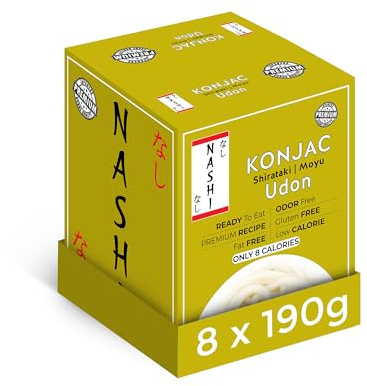 Nashi Konjac Shirataki Premium Udon Noodles (8×190g) | Odour-Free Low Calorie Noodles | Vegan, Fat-Free, Glucomannan Keto & Low Carb | Ready to Eat Gluten-Free Konjac Pasta | Healthy Meal Alternative