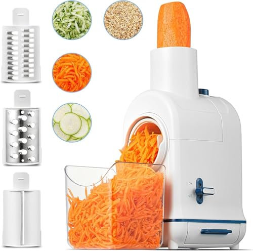 AOBOSI Electric Cheese Grater, Electric Graters for Kitchen with Large Chute for Whole Carrot Cheese Potato Slicer, 3 in 1 Vegetable Slicer with 3 Blades & Food Container, Built-in Storage