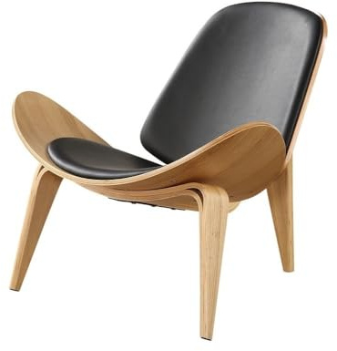 BSNRSNMFA Arm Chair, Comfy Shell Chair, Wood Lounge Chair, Side Chair with PU Leather Mat and Back, Corner Chair for Living Room, Bedroom, Office(Black)
