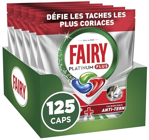 Fairy Platinum Plus Tablettes Lave-Vaisselle, 125 Tablettes (25x5), Sans Parfum, Technologie Anti-Terne, Redonne l'Éclat, Prévient le Calcaire, Système Pré-Lavage Intégré, Efficace en Cycle Court