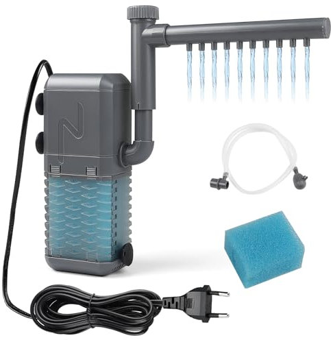 EXLECO Filtro Interno Acquario 6W, Pompa Filtri Interno per Acquari Regolabile 600L/H 0.8M con Spugna Filtrante, Filtro Tartarughe d'Acqua Silenzioso con Spray Bar per 20-40L Piccoli Pesci Vasca
