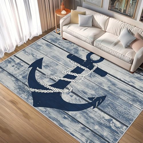 SUWALI Teppich Seeanker, 60x90, Klein Fußmatte Eingangsbereich, Marineblau Maritim Holzplanke Küste Motiv Design Zimmer Deko, Waschbar, rutschfest, Kurzflor, Weich