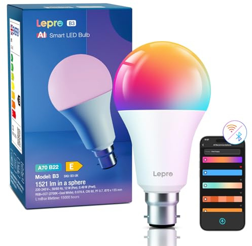 Lepro B22 AI Smart Bulb, 1520lm Super Bright WiFi Light Bulb, App & Voice Control, 2700K-5700K Colour Changing, 12W=100w, Dimmable & Timer, Works with Alexa & Google Assistant