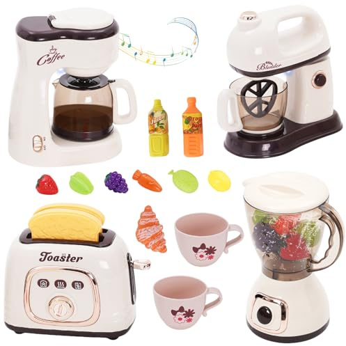 Ensemble d'ustensiles de cuisine pour enfants avec machine à café, mixeur, grille-pain, mélangeur, accessoires de cuisine pour enfants, jouets de cuisine avec lumière et son, jeux de rôle, cadeaux