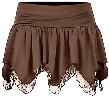 Halloween Costume Womens Lace Short Skirt Solid Low Waist Patchwork Flowy Ruffle Pleated Mini Skirts Streetwear (Brown, S)