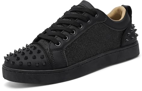 Men's Punk Studded Lace Up Sneakers with Metal Rivets & Fabric Upper - Breathable Low Top Casual Shoes for Street Style Nightlife and Everyday Wear (All Black,8.5)