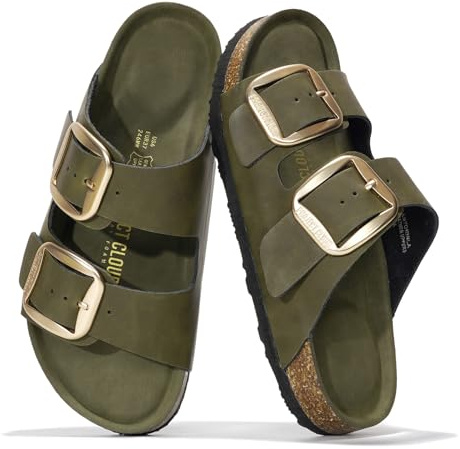 Project Cloud 100% Genuine Leather Flat Sandals for Women 2026 Comfortable Beach Essentials Womens Sandals Memory Foam Vacation Essentials Slides for Women Footwear (Santorini, OLIVELEA,11W)
