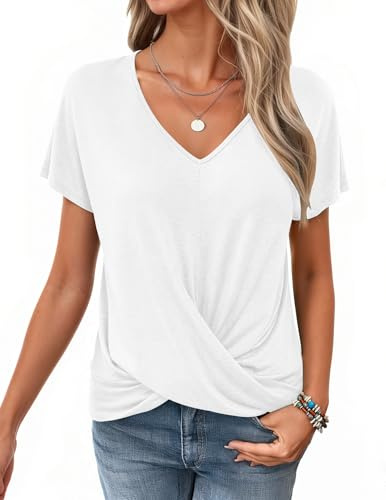 WNEEDU Tee Shirt Femme Col V Manches Courtes T Shirt Haut été avec Nœud Torsadé Top Blouse Chic et élégant