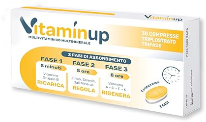 VitaminUp - Multivitaminico Multiminerale - 30 Compresse Triplo Strato - 3 Fasi di Assorbimento (RicariCA, RegoLA, Rigenera) con Vitamine B - Zinco - Vitamine A-D-E-K - Senza Glutine - Cura di 1 Mese