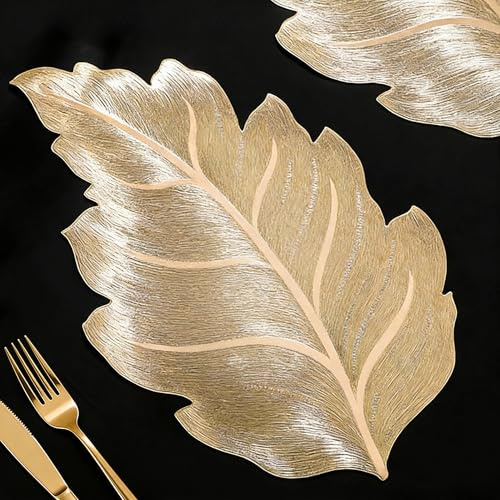 FAVE Gold Vinyl Placemats Set of 6, Washable Leaf Shaped Place Mats for Table Decoration, Events, Home Decor & Daily Use(15 inch,6PCS)