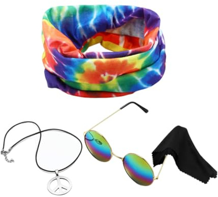 OIXYEY 3 Stück Hippie Kostüm Set, Retro Verkleiden Sich Für Damen Und Herren,Mit Peace Zeichen Halskette,Sonnenbrille,Sonnenblumen Und Buntes Hippie Stirnband,60Er 70Er Hippie Accessoires