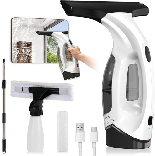 Aspirador de ventanas con batería, 2000 Pa de potencia de succión inalámbrica con batería de 2000 mAh, depósito de agua de 150 ml y espátula de 280 mm, limpieza sin rayas para superficies de vidrio