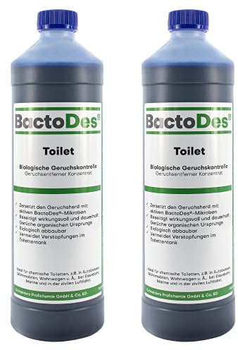 BactoDes Toilet Sanitärflüssigkeit für Campingtoilette 2 x 1 Liter, Geruchsneutralisierer, zersetzt Fäkalien, Sanitär-Reiniger für Chemie-Toilette