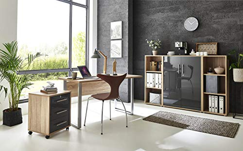 BMG-Moebel.de Büromöbel komplett Set Arbeitszimmer inklusive Schreibtisch und Rollcontainer Office Edition MINI in Sonoma Eiche/Anthrazit Hochglanz (Set 2)