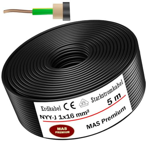 Erdkabel Stromkabel 5, 10, 15, 20, 25, 30, 35, 40, 50, 60, 70, 75, 80, 90 oder 100 m NYY-J 1x16mm² Elektrokabel Ring zur Verlegung im Freien, Erdreich (5m)