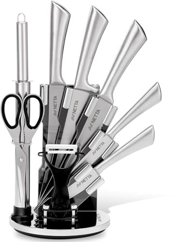 NETTA Kitchen Knife Set with Block - Professional 8-Piece Stainless Steel - Premium Kitchen Set with Clear Storage Block, 5 Knives, Scissors, Knife Sharpener and Potato Peeler