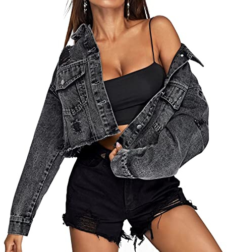 LONGYIDA Denim Jackets for Women Button Down Distressed Cropped Jean Jacket Long Sleeve Frayed Ripped Black Jean Coat(Black03,L)