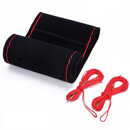 Cubierta del Volante del Coche De Gamuza, Mano del Coche Costura Volante Tamaño De La Cubierta 15 Pulgadas, Funda Protector Volante Coche Cosida Piel 37cm 38cm (Rojo)