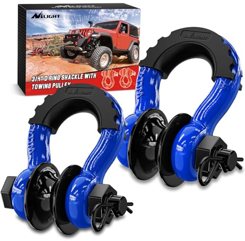 Nilight 3/4 D Ring Shackle with Towing Pulley 2 Pack 4.75 Ton (9500 Lbs) 7/8 Pin Heavy Duty Off Road Recovery Shackle with Isolators Washer Kit for Jeep Truck Tractor Vehicle ATV UTV, Blue