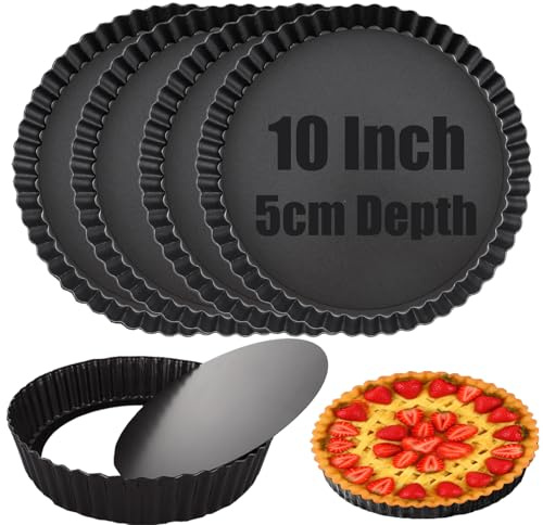 DAJAVE 4 Pcs Tart Tin 10 Inch Quiche Dish, 5cm Deep Quiche Tin with Removable Base Large Pie Tins for Baking Carbon Steel Flan Tins for Baking Quiches, Tart, Pie