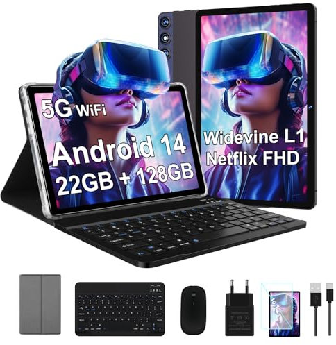 ZIOVO Tablet 10 Pulgadas Android 14, 22GB RAM+128GB ROM (TF 1TB), 5G WiFi/Widevine L1/Octa-Core/8000mAh/Cuerpo Metálico/8+5MP/BT 5.0/ Tablet 2 en 1 con Teclado y Ratón - Gris
