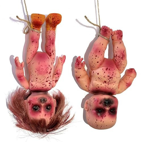 Jeorywoet Spukpuppe, 2 PCs gruselige Puppe Bloody gestorbene Mädchen & Boy 10 in Halloween Scary Haunted Doll hängende PVC tragbare Horrorpuppen für Haunted House, Streichspiel, Scary Babypuppe