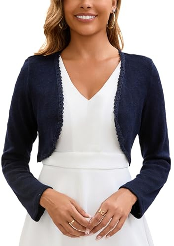 Women Long Sleeve Knitted Crochet Cardigans Elegant Lady Open Front Bolero-Navy Blue/M