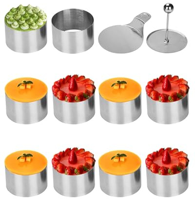 Kongming 10 Stück Dessertringe und Speiseringe Set Edelstahl Servierringe 8cm mit Heber & Stampfer Kleine Backringe Tortenring Nahtlose Anrichteringe für Herstellung Mousse Torten, Reiskugel